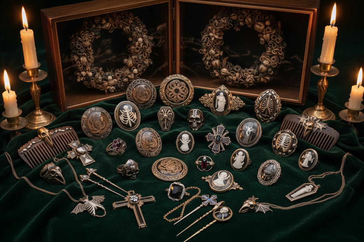 A collection of Memento Mori Style jewelry and accessories.